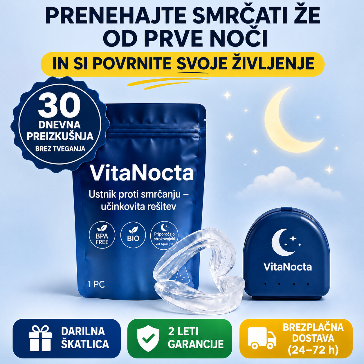 Prenehajte smrčati že prvo noč in odpravite težavo pri njenem izvoru – VitaNocta™ + BREZPLAČNA higienska zaščitna škatlica + 30 noči preizkušanja